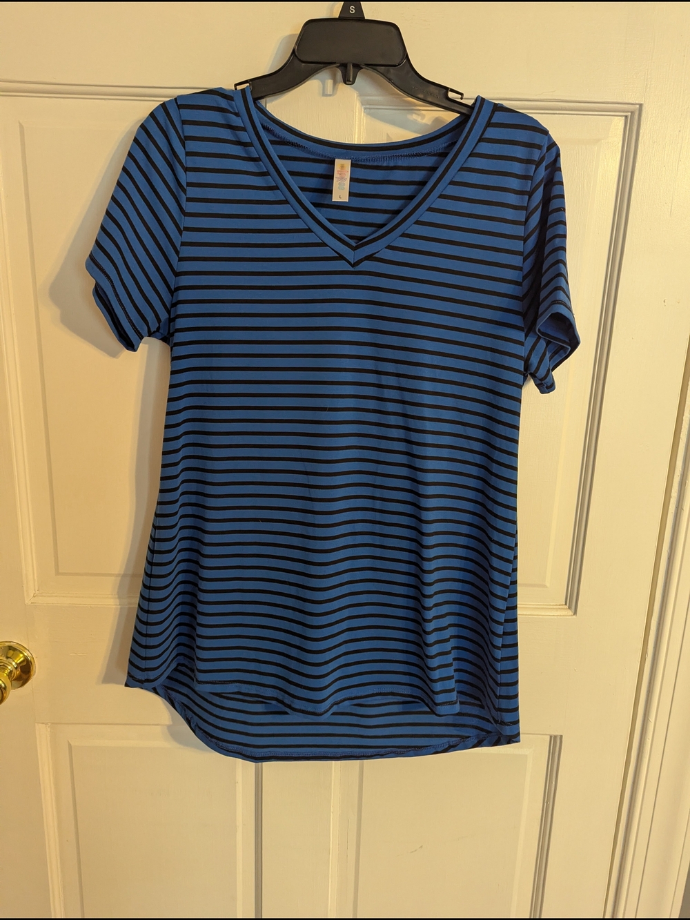 LuLaRoe Blue and Black Striped V-Neck Tee